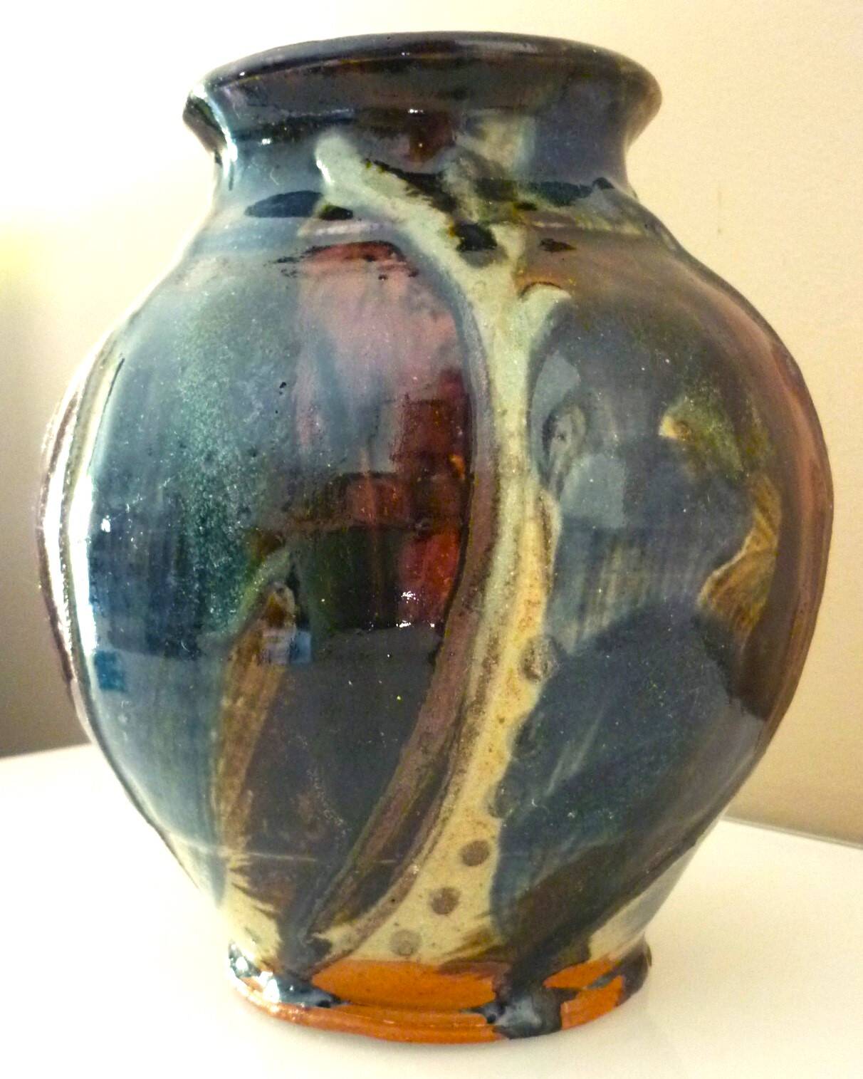 Ceramic vase, glazed stoneware, floral decoration, signature to be identified