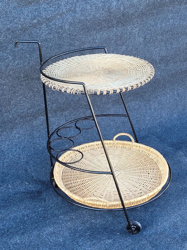 Desserte, chariot de bar en fer et osier, France années 1950