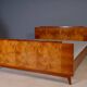 Vintage Czechoslovak bedroom set with burl veneer, bed and pair of nightstands, mid-20th century, 180 × 195 cm