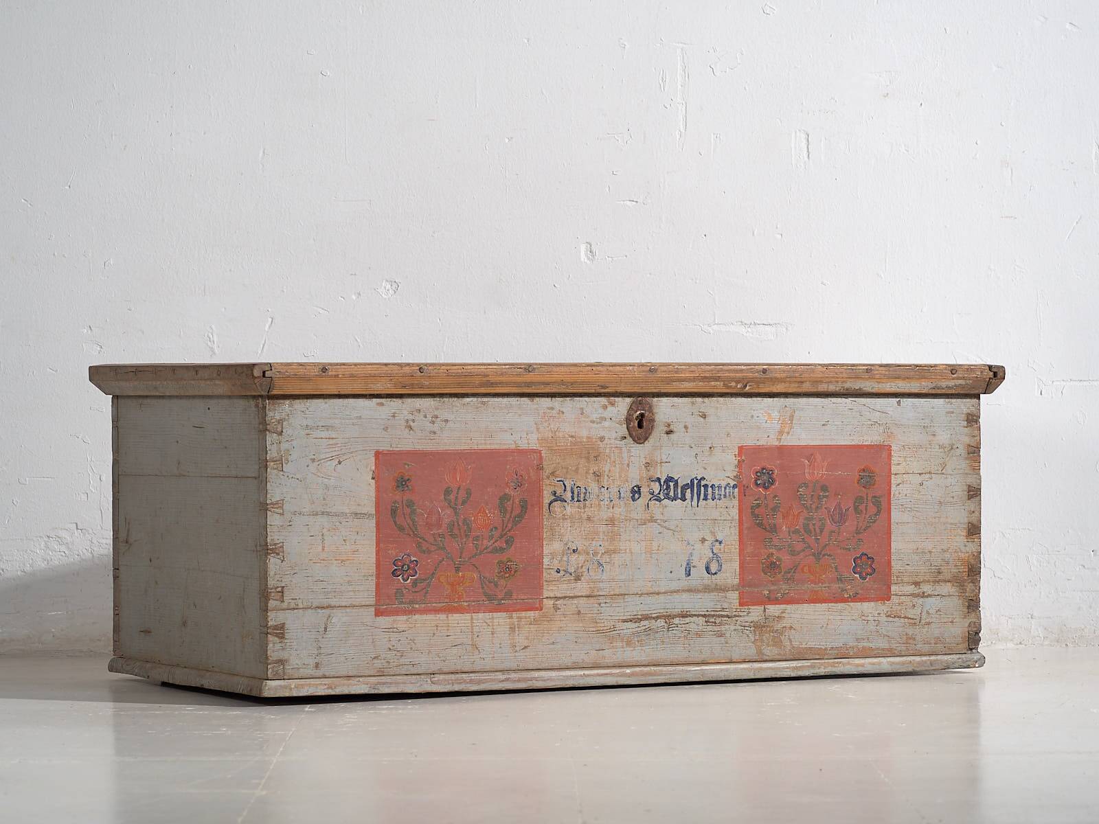 Antique grey trunk with floral details dated 1878 #26