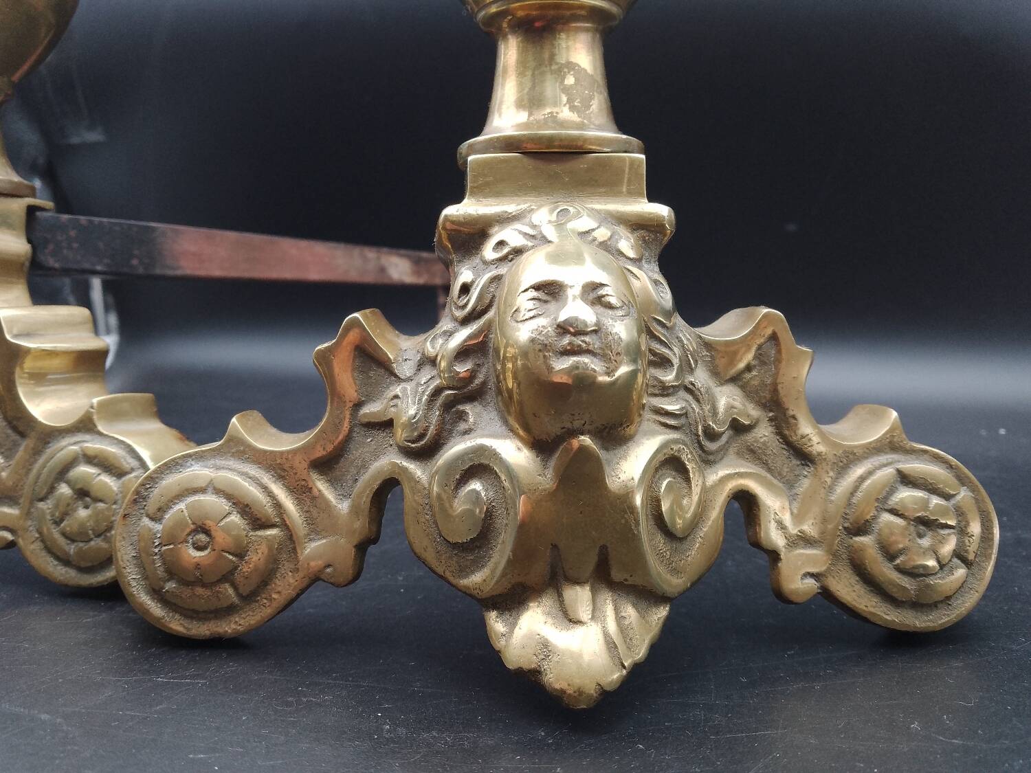 Pair of Fireplace Andirons in Brass Decor Cast Iron Marmousets Louis XIV Loft Style