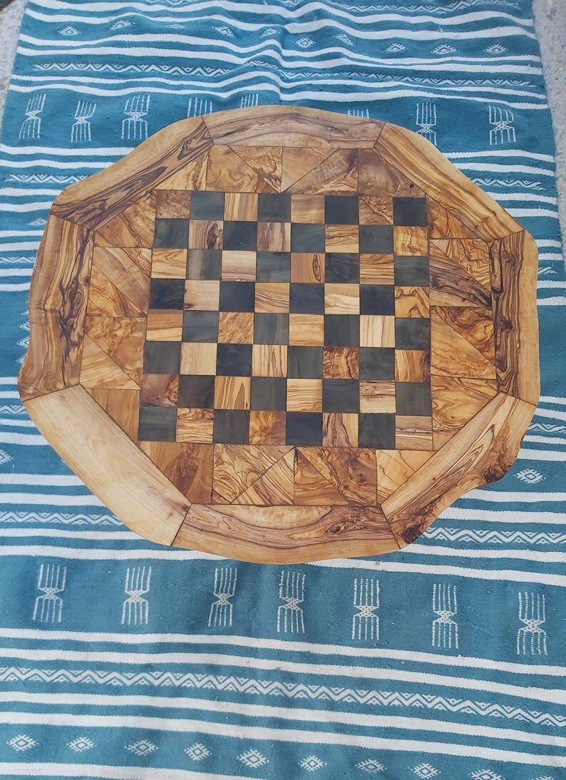 Chess game table, rustic olive wood