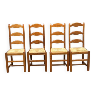 4 solid wood dining chairs with straw seats, farmhouse style, medium oak, 20th century, 105cm.