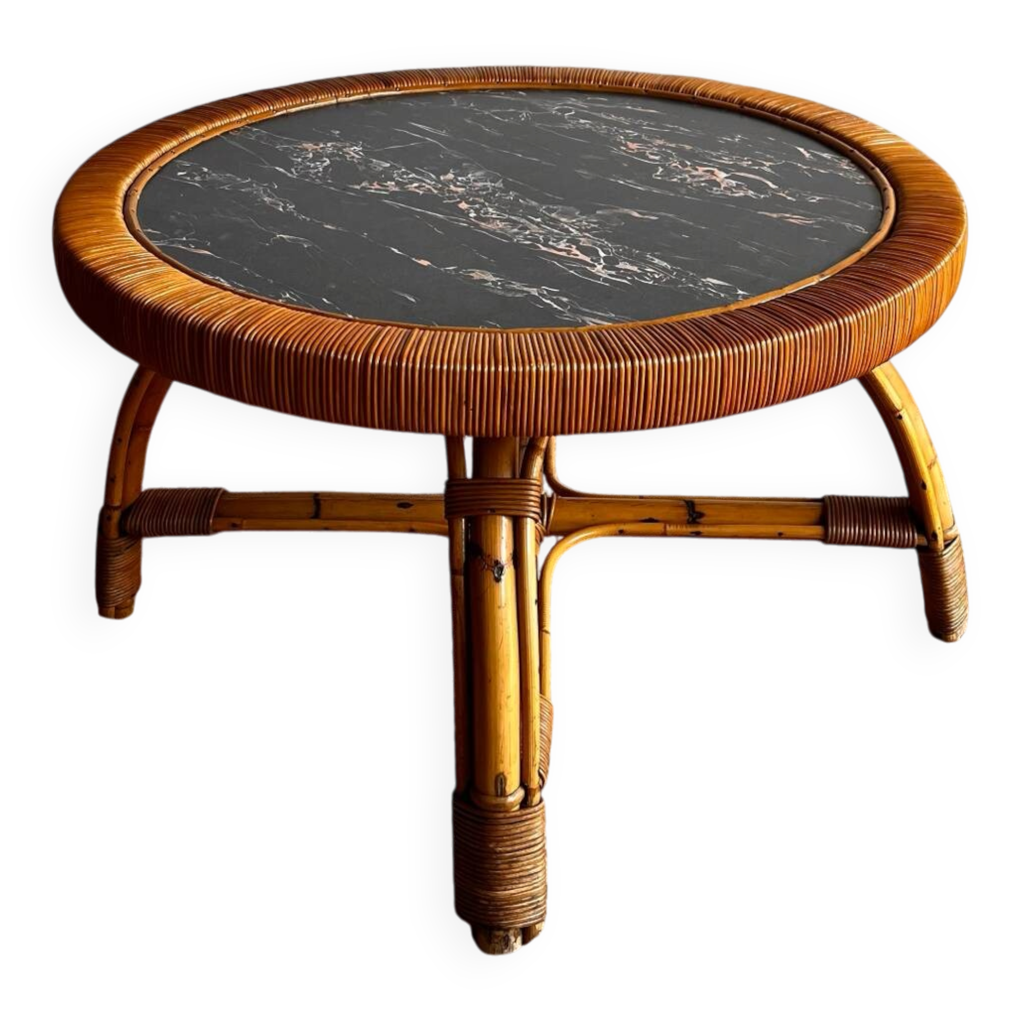 Rattan Bamboo Coffee table Marble top look