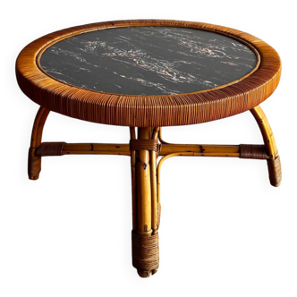 Rattan Bamboo Coffee table Marble top look