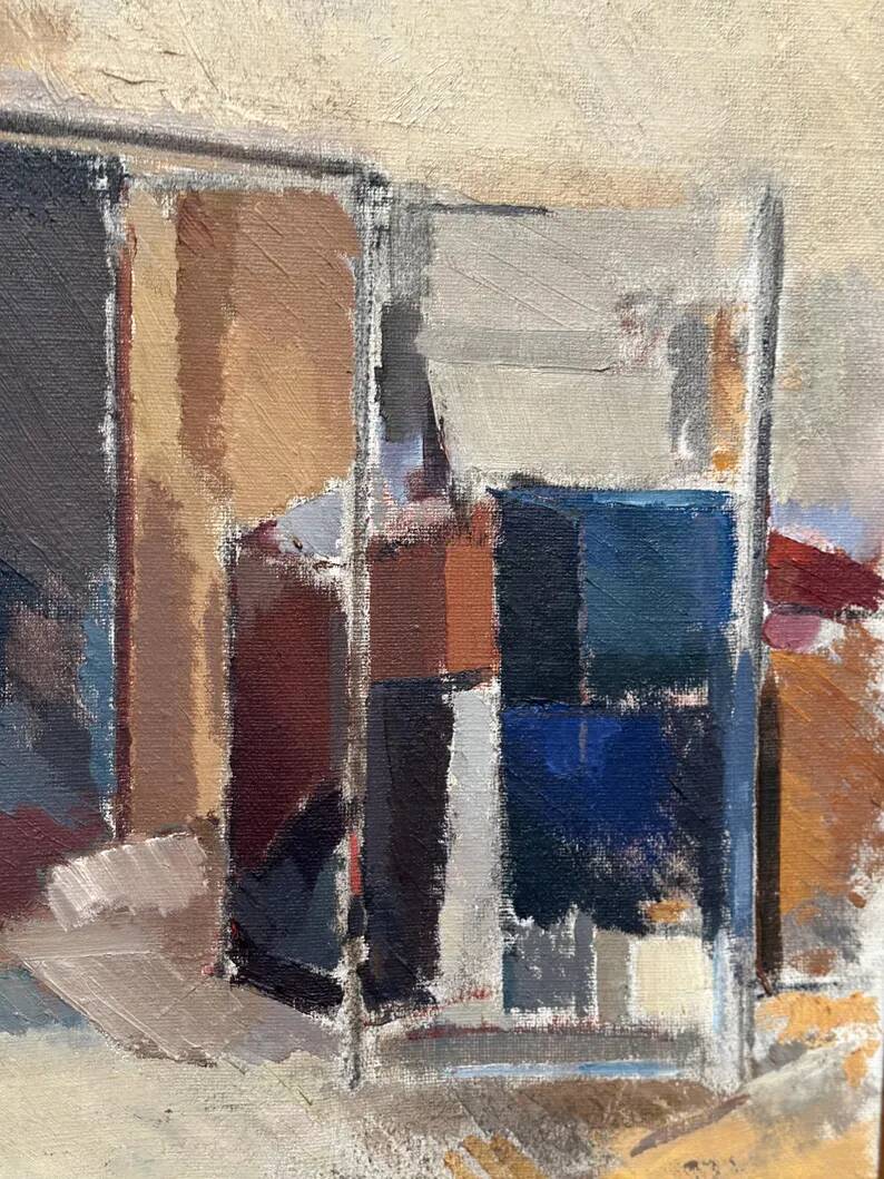 Large original Swedish oil on canvas - 'Blue Bottle and Books' by Gustav Adolf Johansson - 1962 - vintage and framed