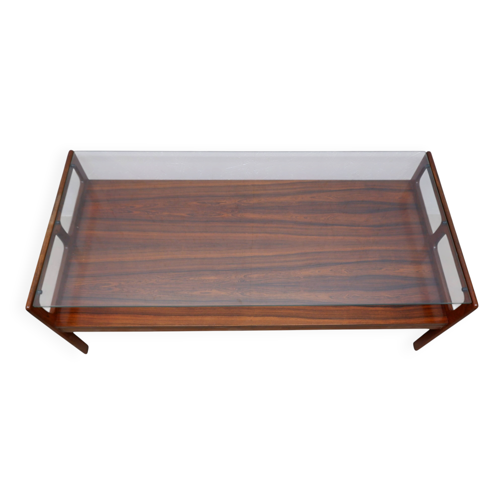 Rosewood coffee table with glass top, 1970s