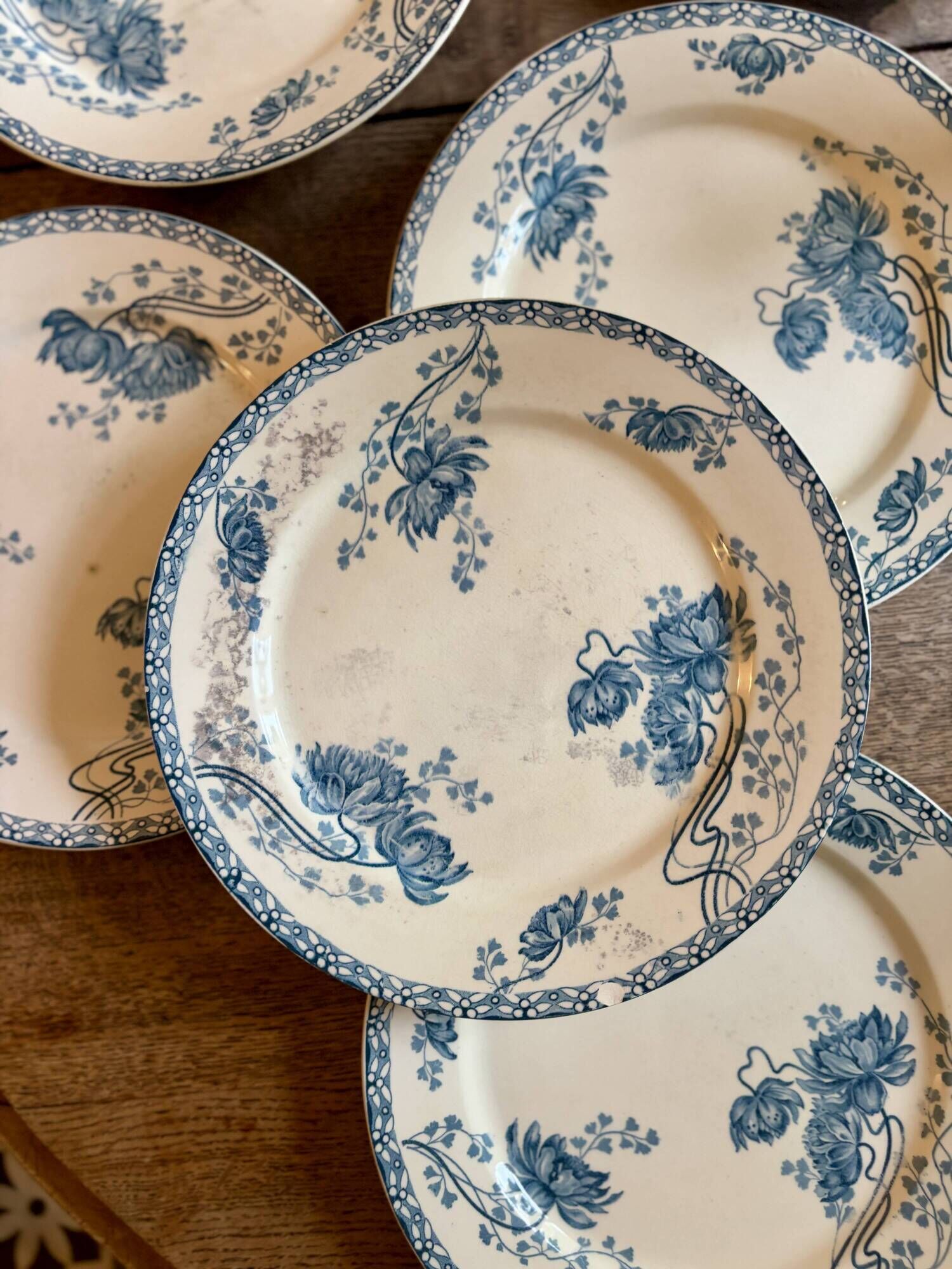 Set of 10 antique flat plates in ironstone, Royat from Sarreguemines.