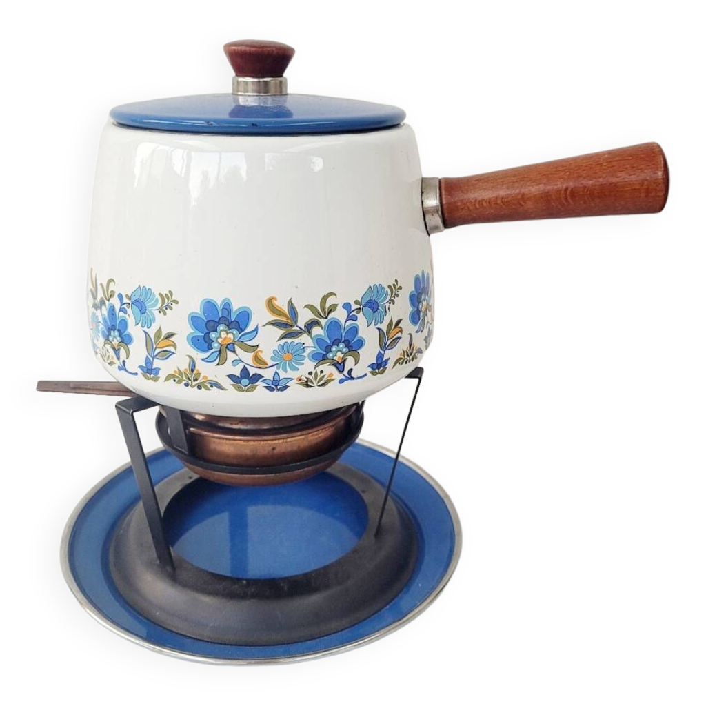 Service à Fondue Nomar – Fonte émaillée Marron – Décor Floral 1960 Vintage