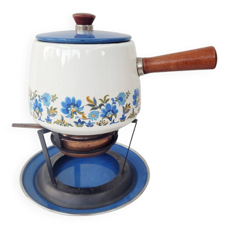 Vintage enameled fondue set with blue floral pattern