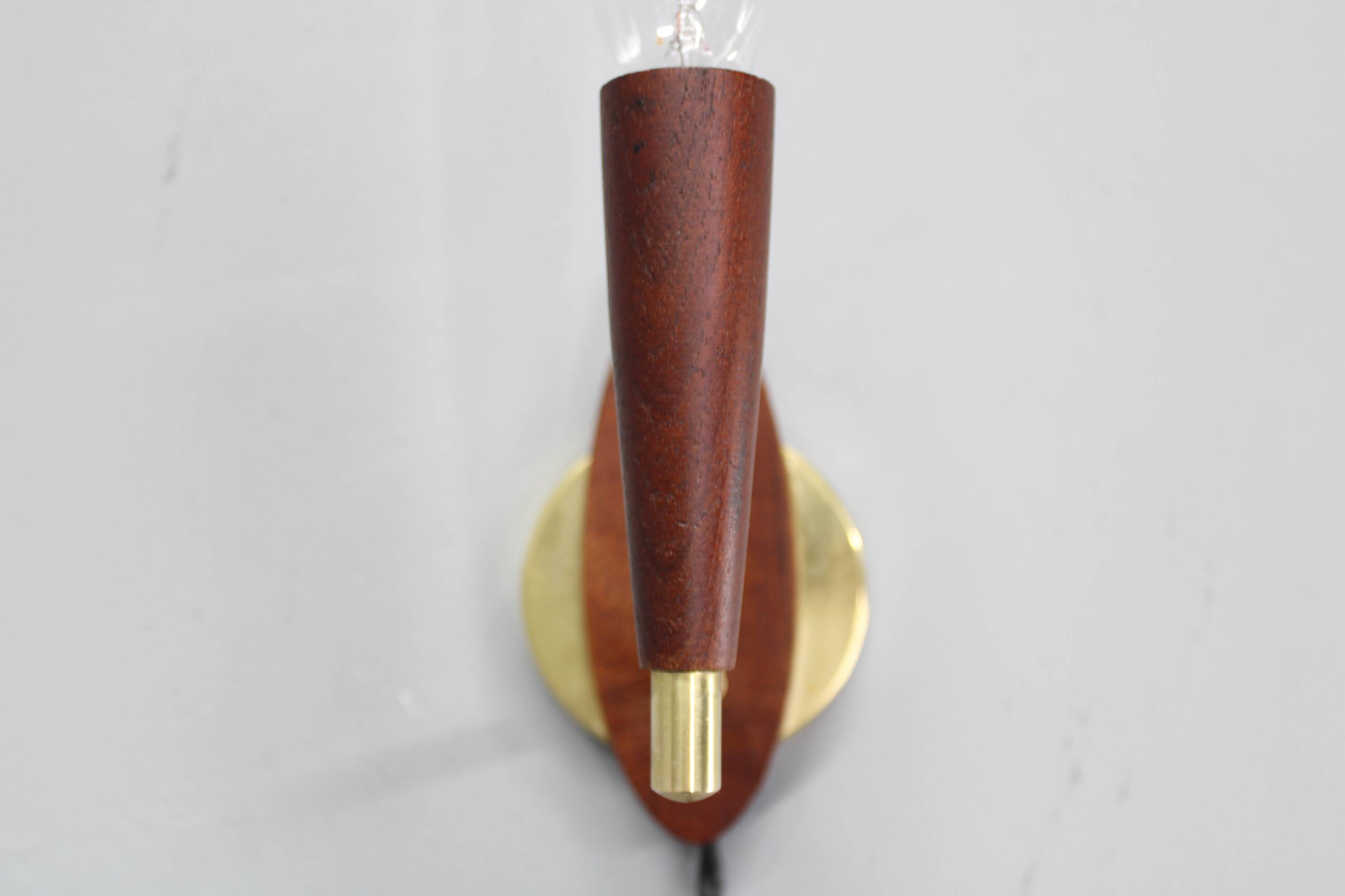 Mid-century Danish teak and brass wall lights, pair, 1960s