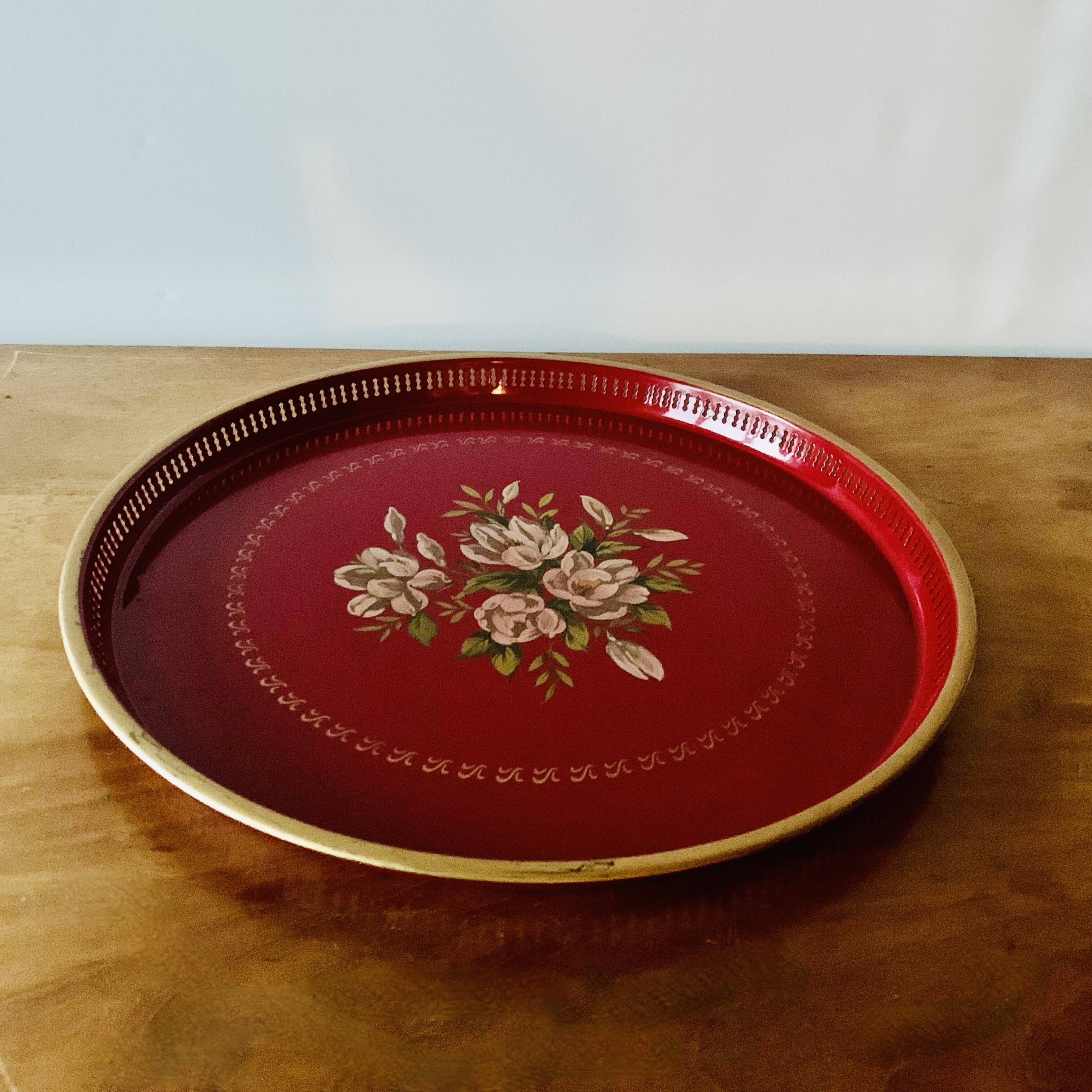 Large red enameled sheet metal tray - floral decoration - Sun Cloud - Made in England