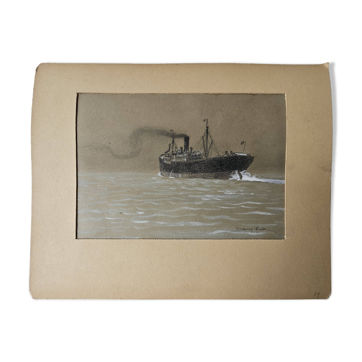 Watercolor of the Black Ocean Liner at Sea Signed TABOUREAU Georges known as Sandy-Hook (1879)