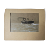 Watercolor of the Black Ocean Liner at Sea Signed TABOUREAU Georges known as Sandy-Hook (1879)