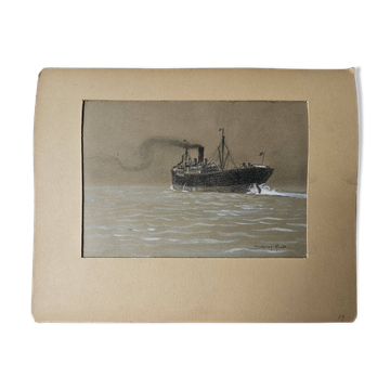 Watercolor of the Black Ocean Liner at Sea Signed TABOUREAU Georges known as Sandy-Hook (1879)