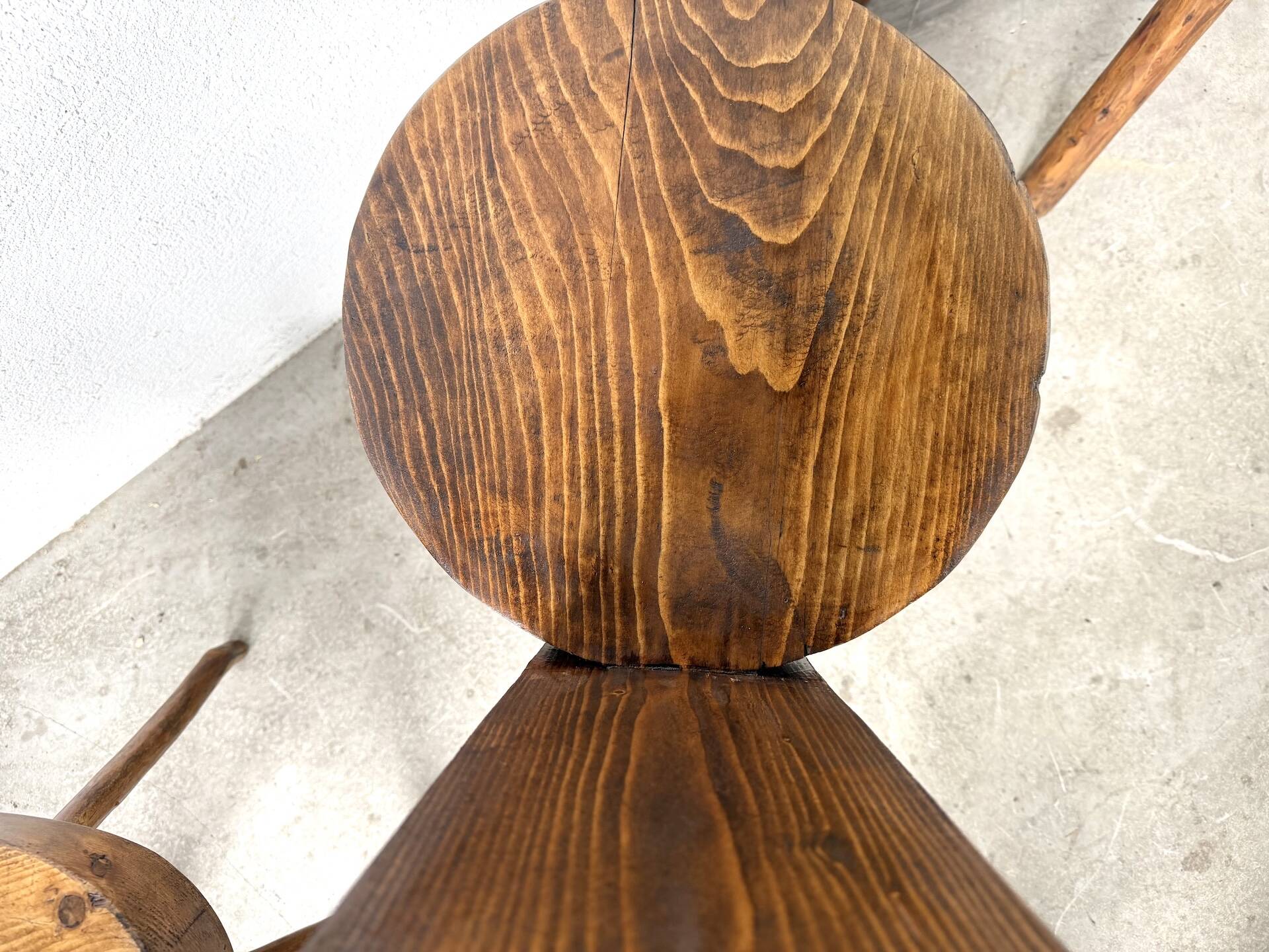 Set of three alpine chairs in solid pine, France, 1950s.