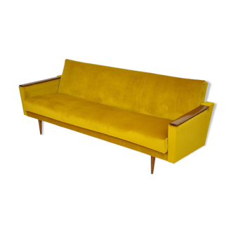 Yellow velvet sofa with fold-out function, 1960s
