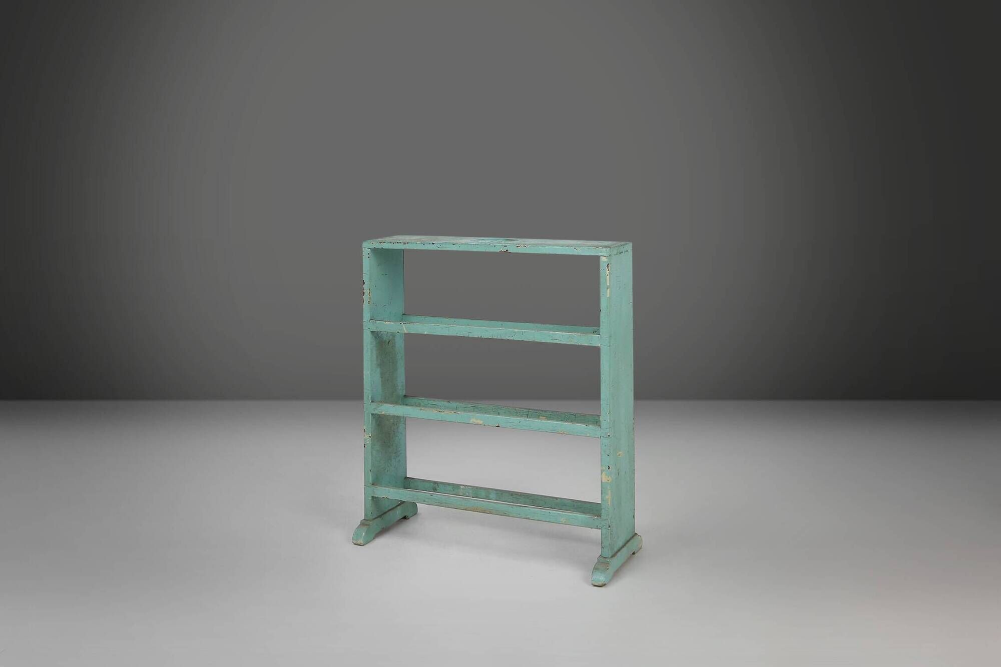 Industrial small mint-colored rack or bookcase with 4 shelves and beautiful patina, Belgium, 1920s