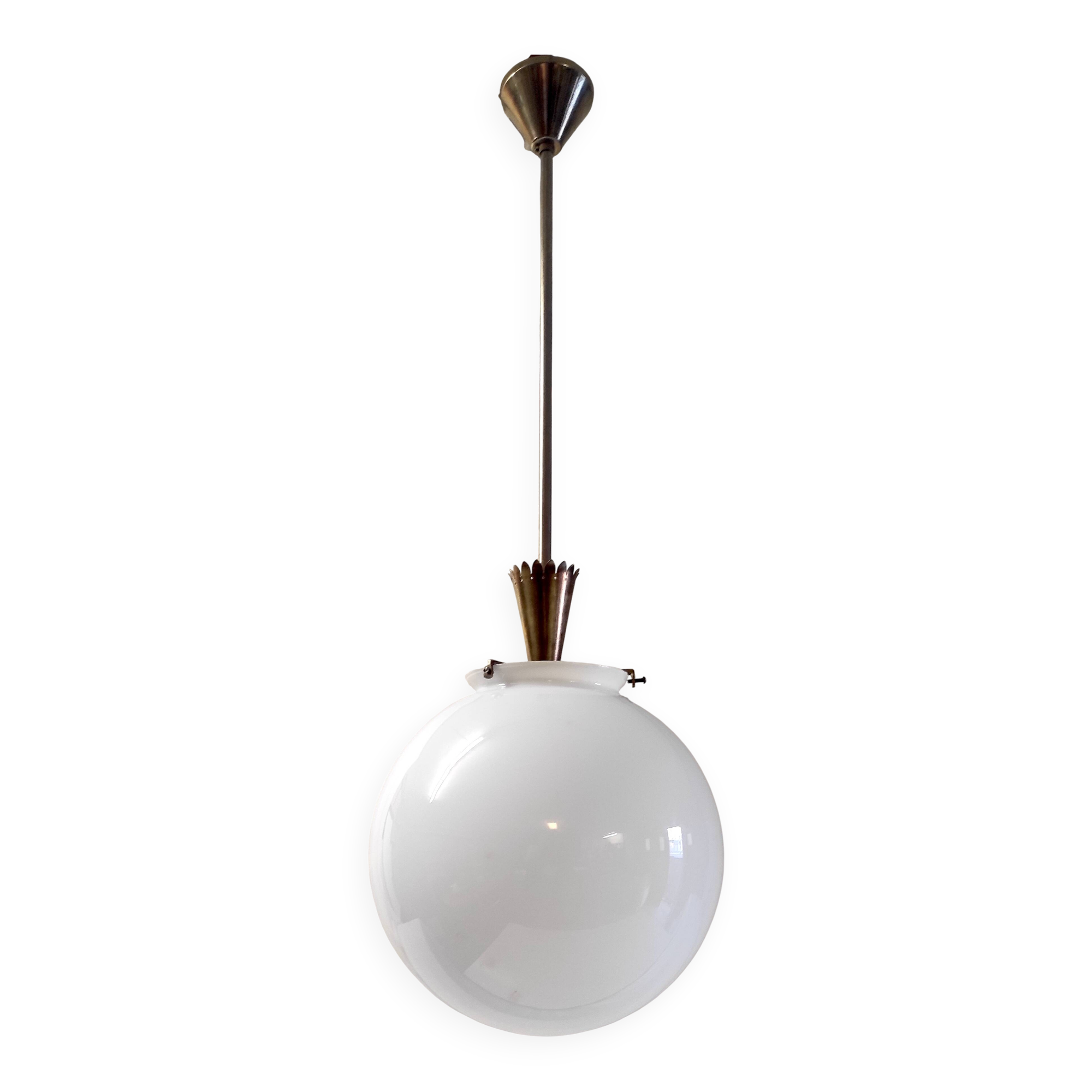 25 cm opaline globe and brass pendant light - 1940s/1950s