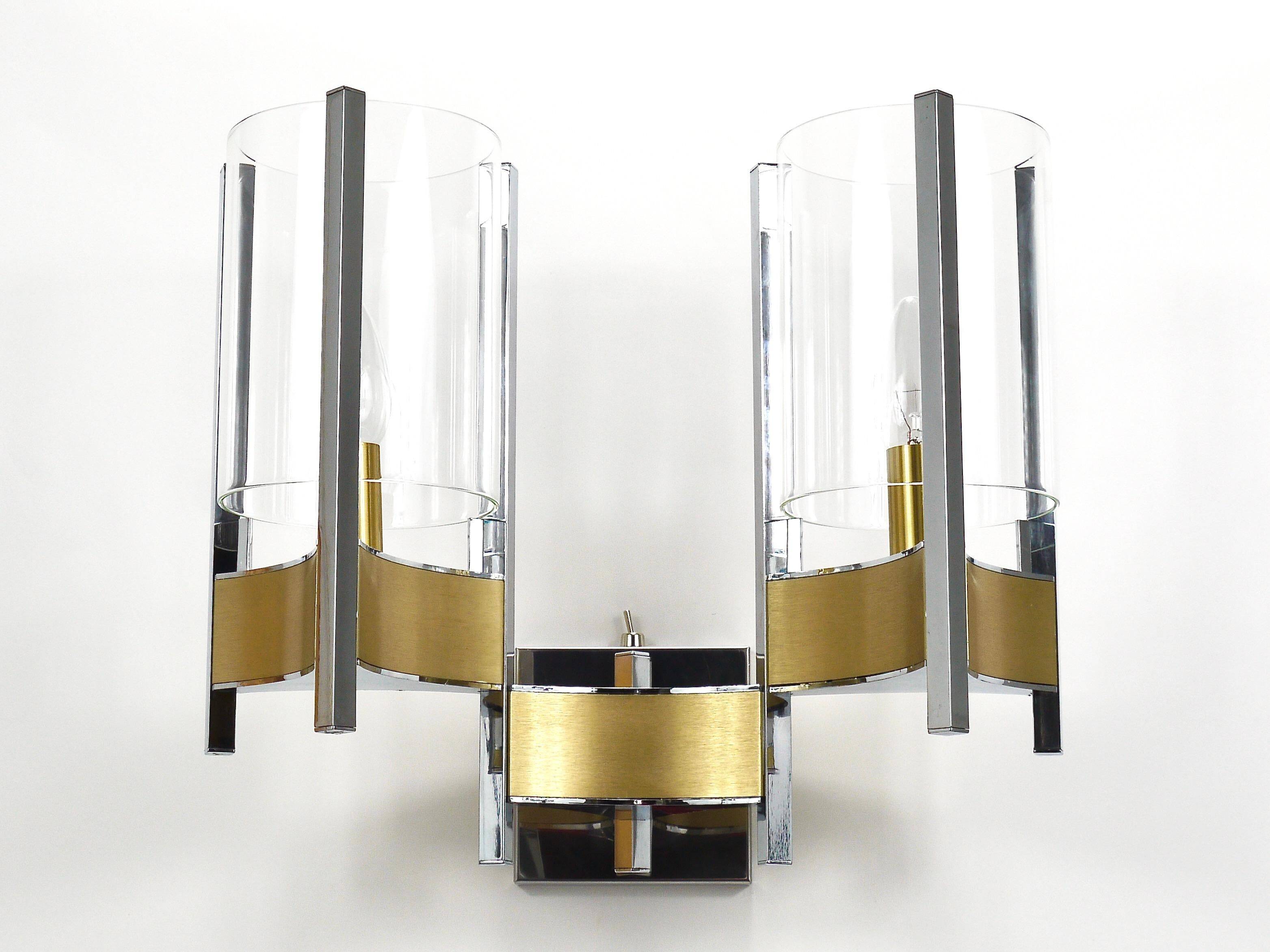 Gaetano Sciolari Large Wall Sconces / Sconces, Chrome, Brass, Glass, 1970s