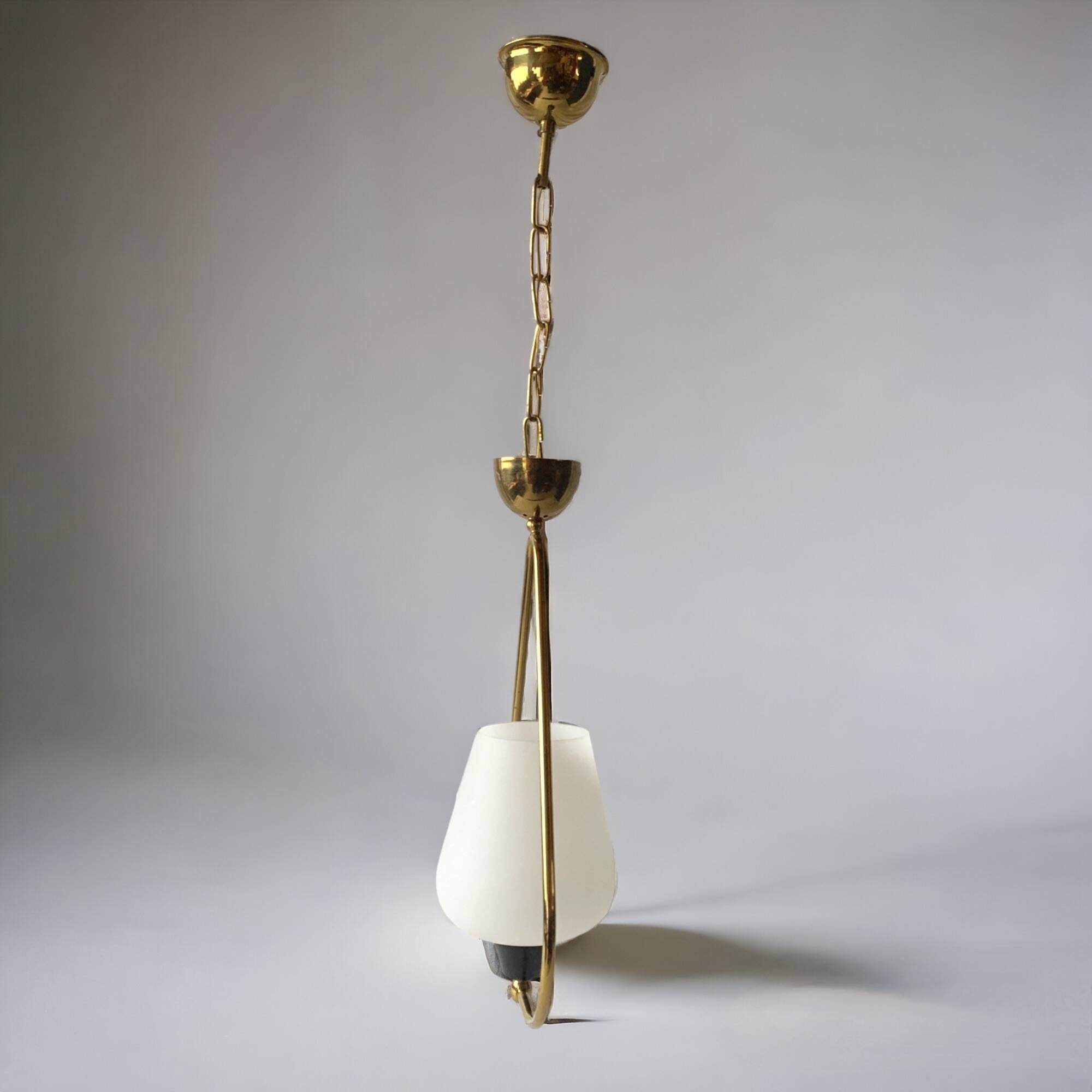 Modernist pendant light in white sandblasted glass and brass