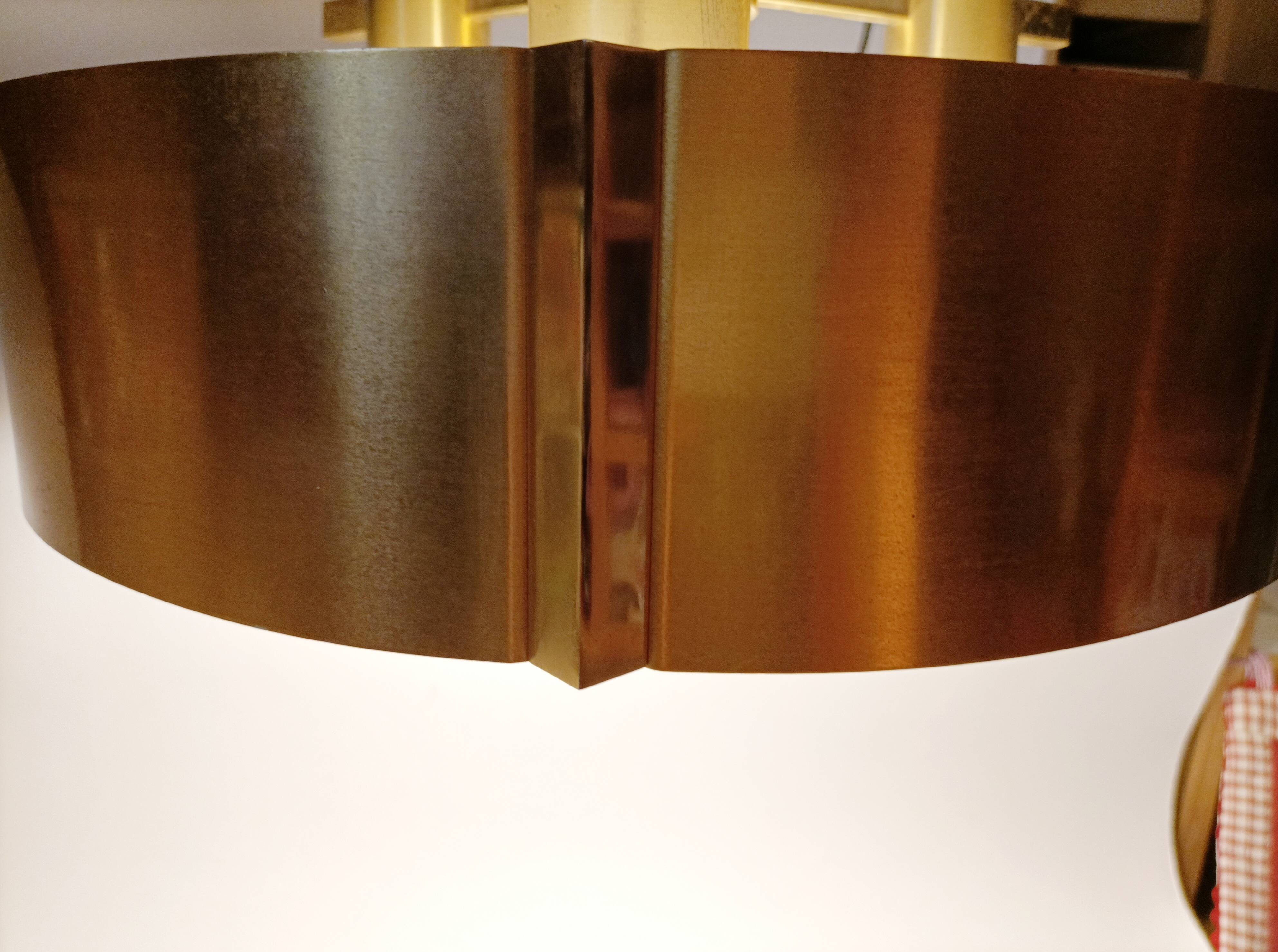 Italian 3-light suspension UFO brushed aluminium and golden brass 1970