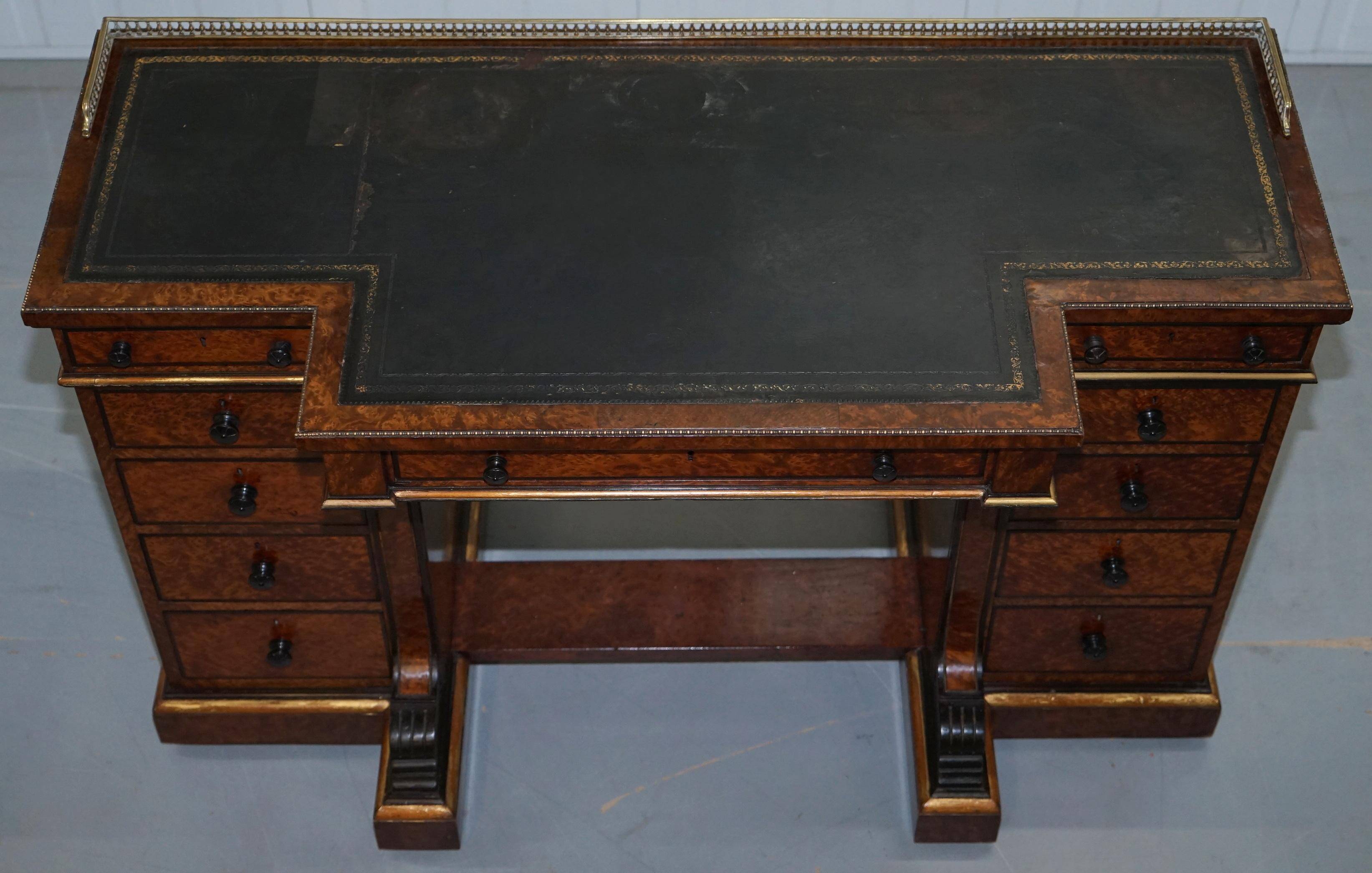 Gillow Library Desk in Burr Amboyna with Brass Gallery, circa 1852-1857