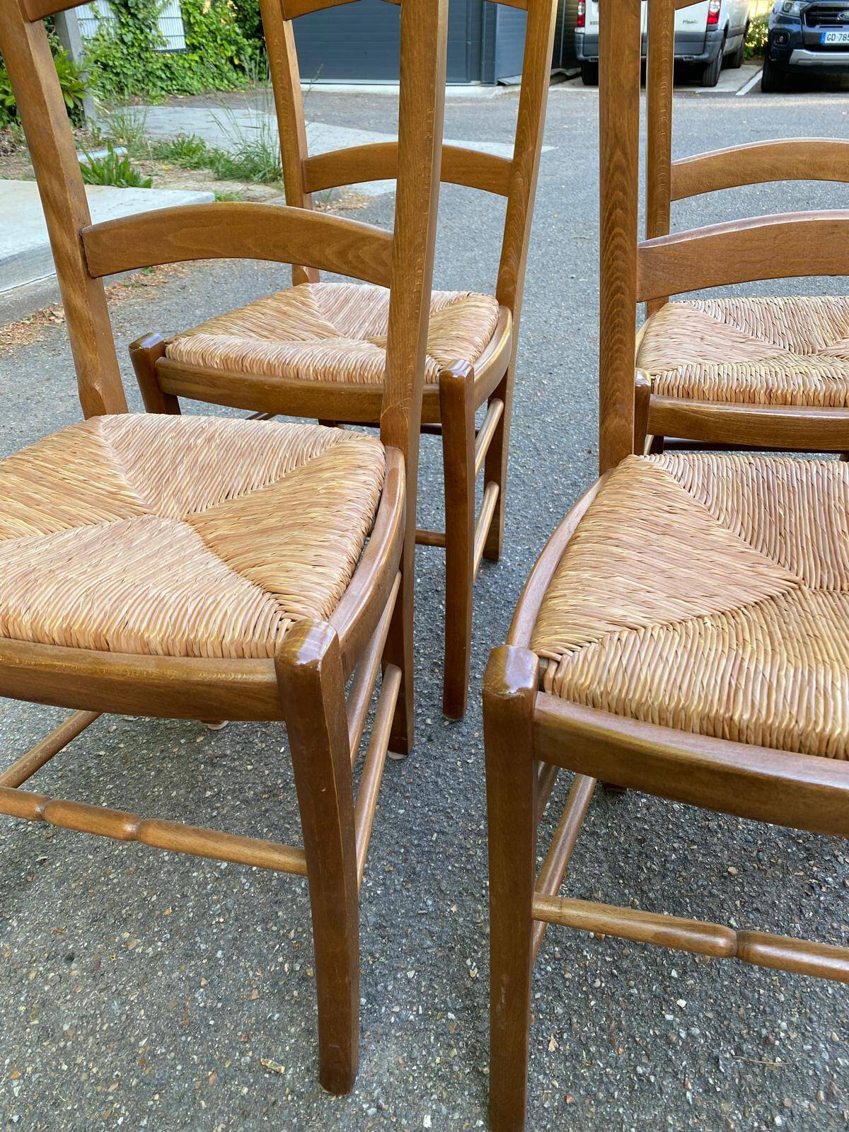 4 chaises bois massif blond chêne moyen satin et paille