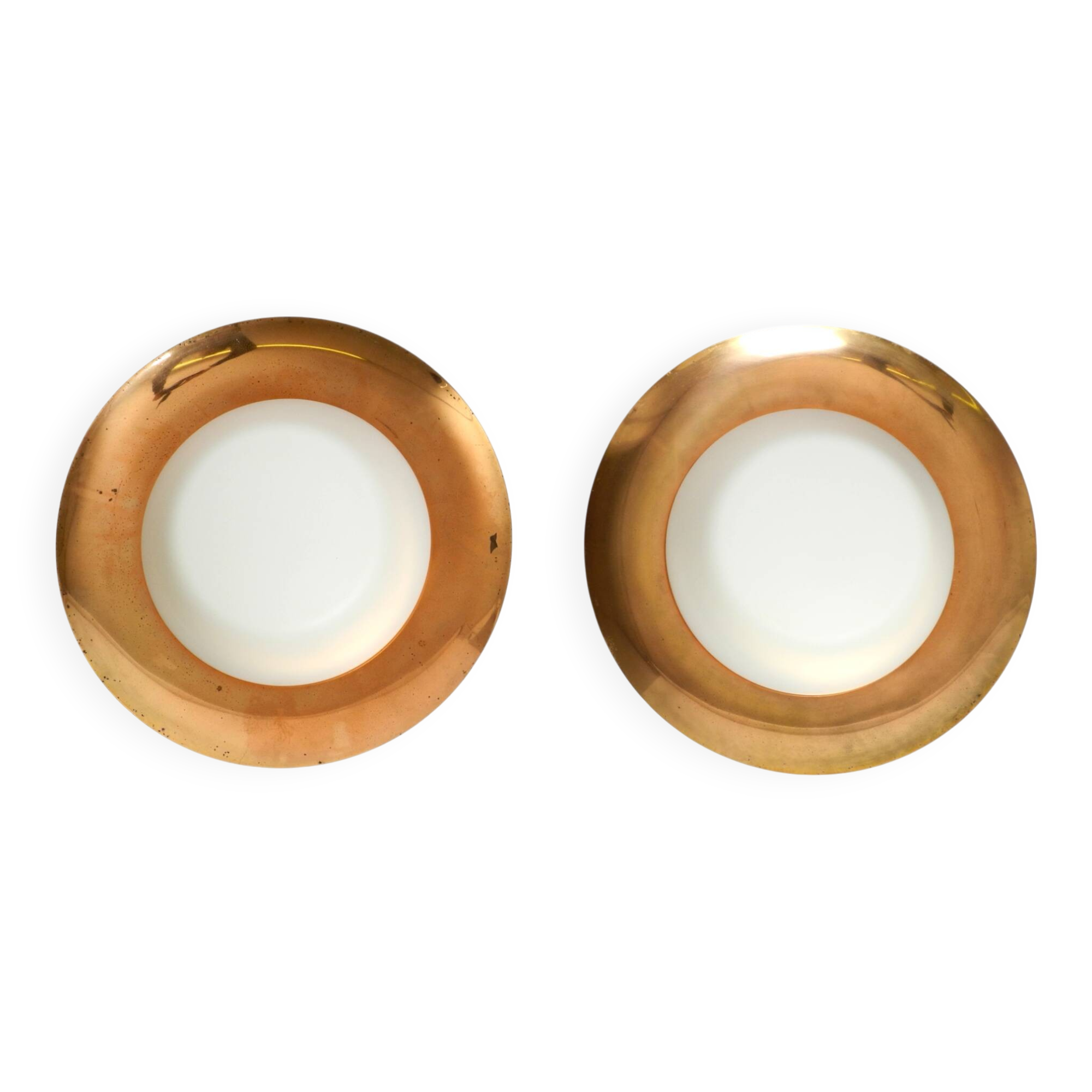 Pair of Mid Century wall or ceiling lamps made of glass with copper-plated