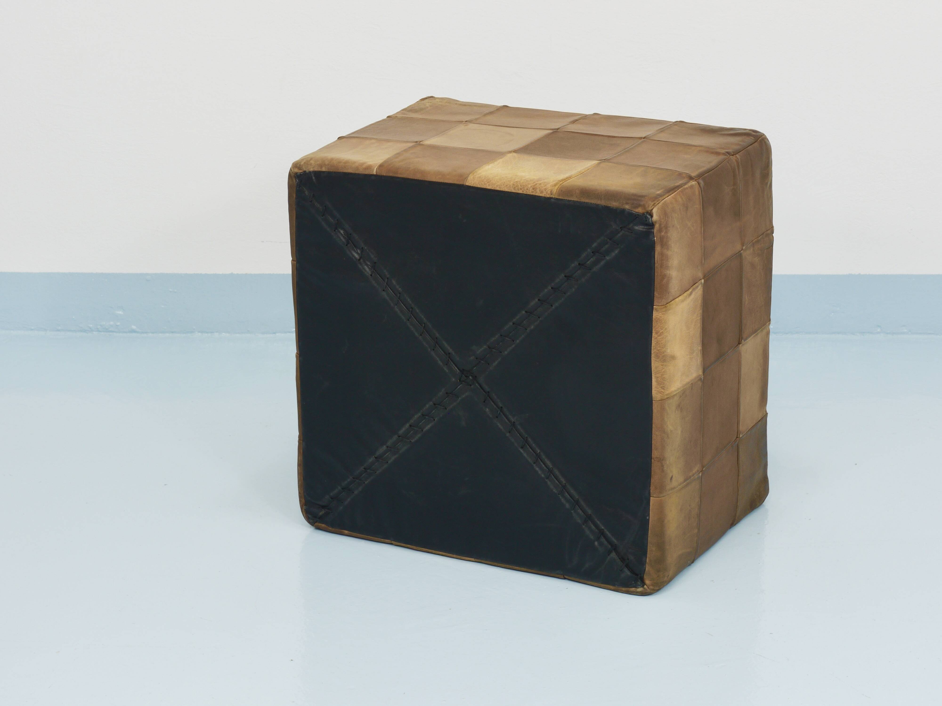 De Sede Patchwork Leather Cube Stool, Pouf, Ottoman, Switzerland, 1970s