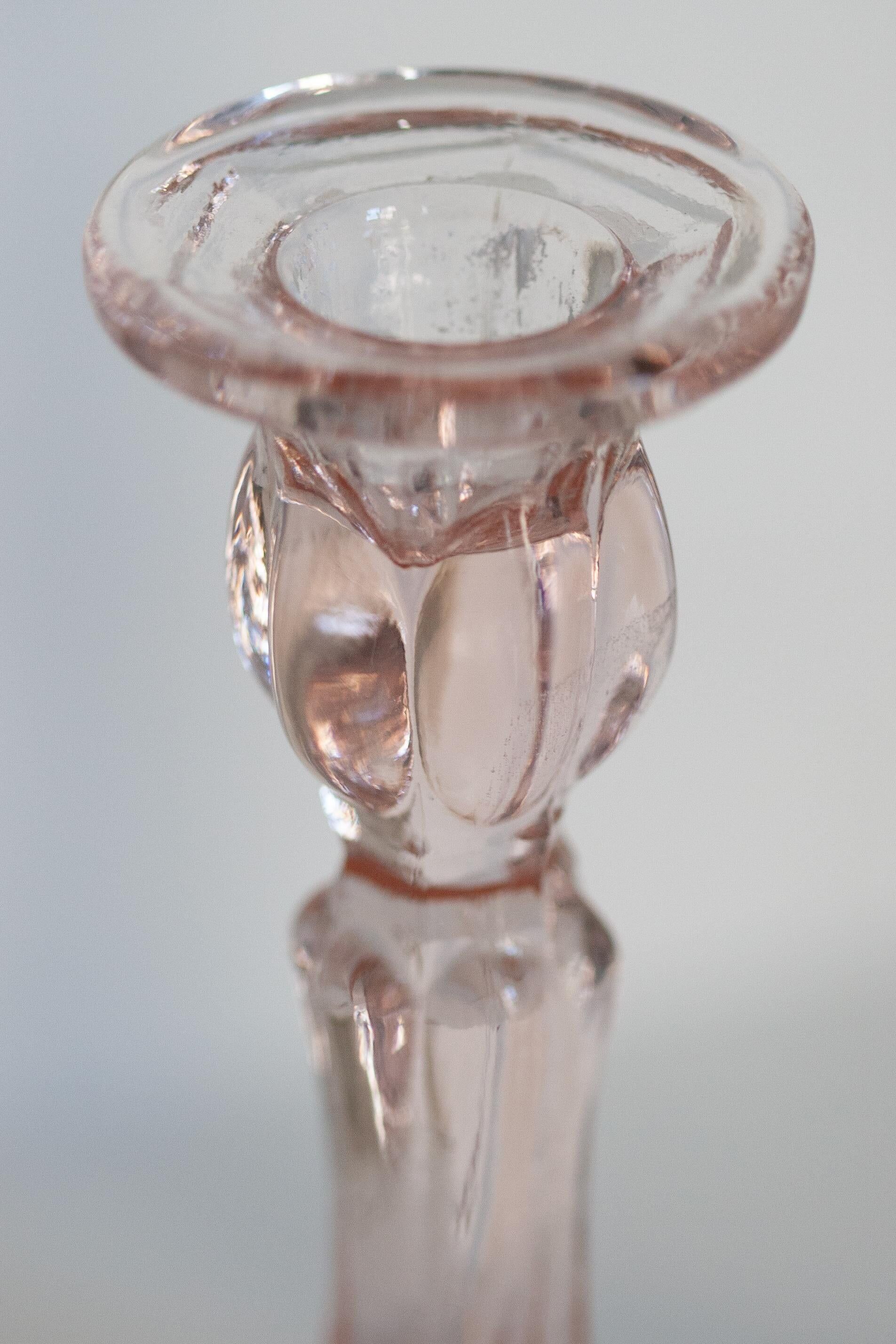 Set of two light pink glass candlesticks from the mid-century, Poland, 1960s.