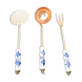 3 old copper & painted ceramic kitchen utensils