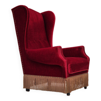 1960s, Danish wingback armchair, original, furniture velour, oak wood legs.