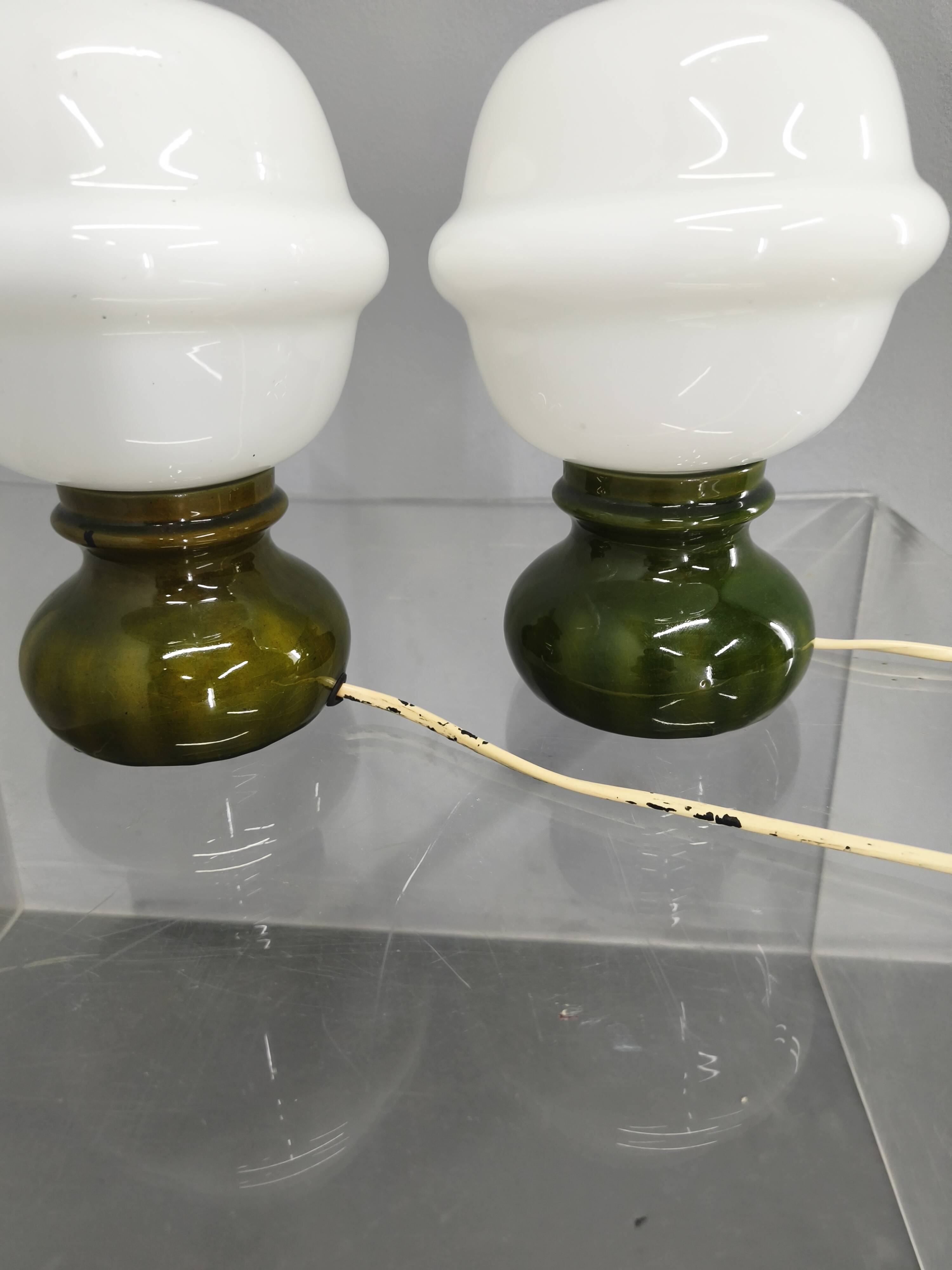 Pair Czech 1970s Milk Glass and Green Ceramic Table Lamps