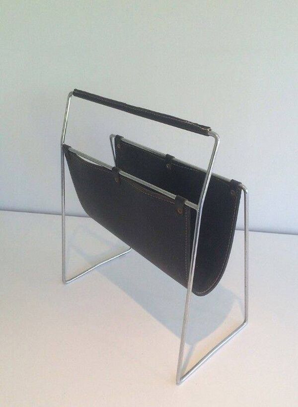 Porte-revues en chrome et cuir noir
