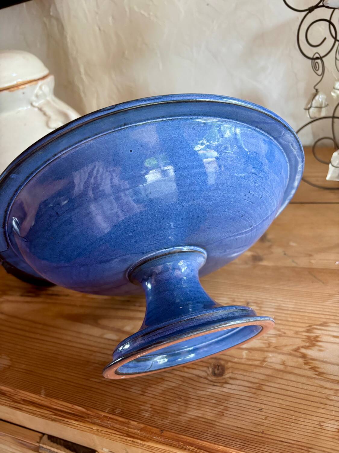 Vintage blue fruit bowl 1980s enamelled stoneware