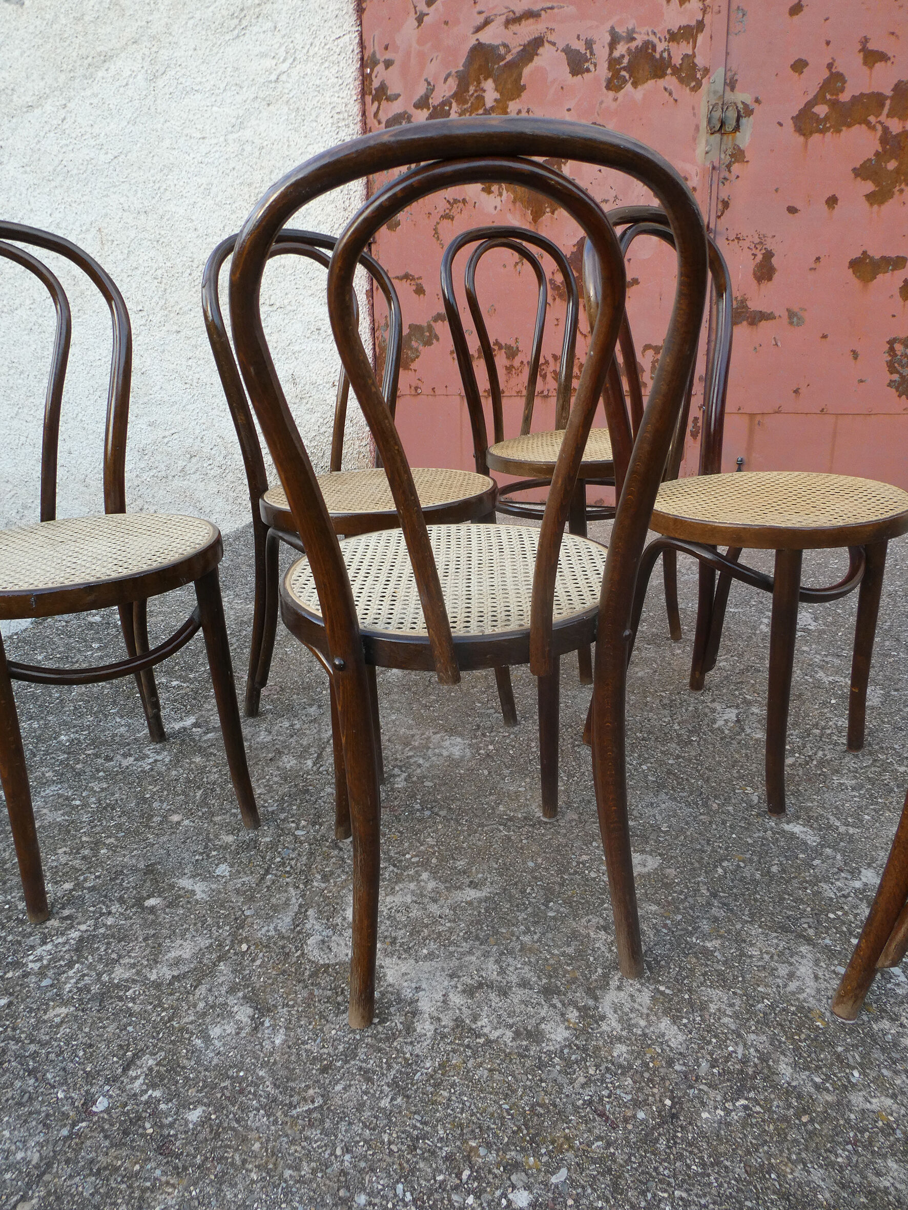 Set of 6 bistro chairs canned in curved wood N°18