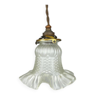 Lampe à suspension tulipe française en verre dépoli du milieu du siècle, 1950