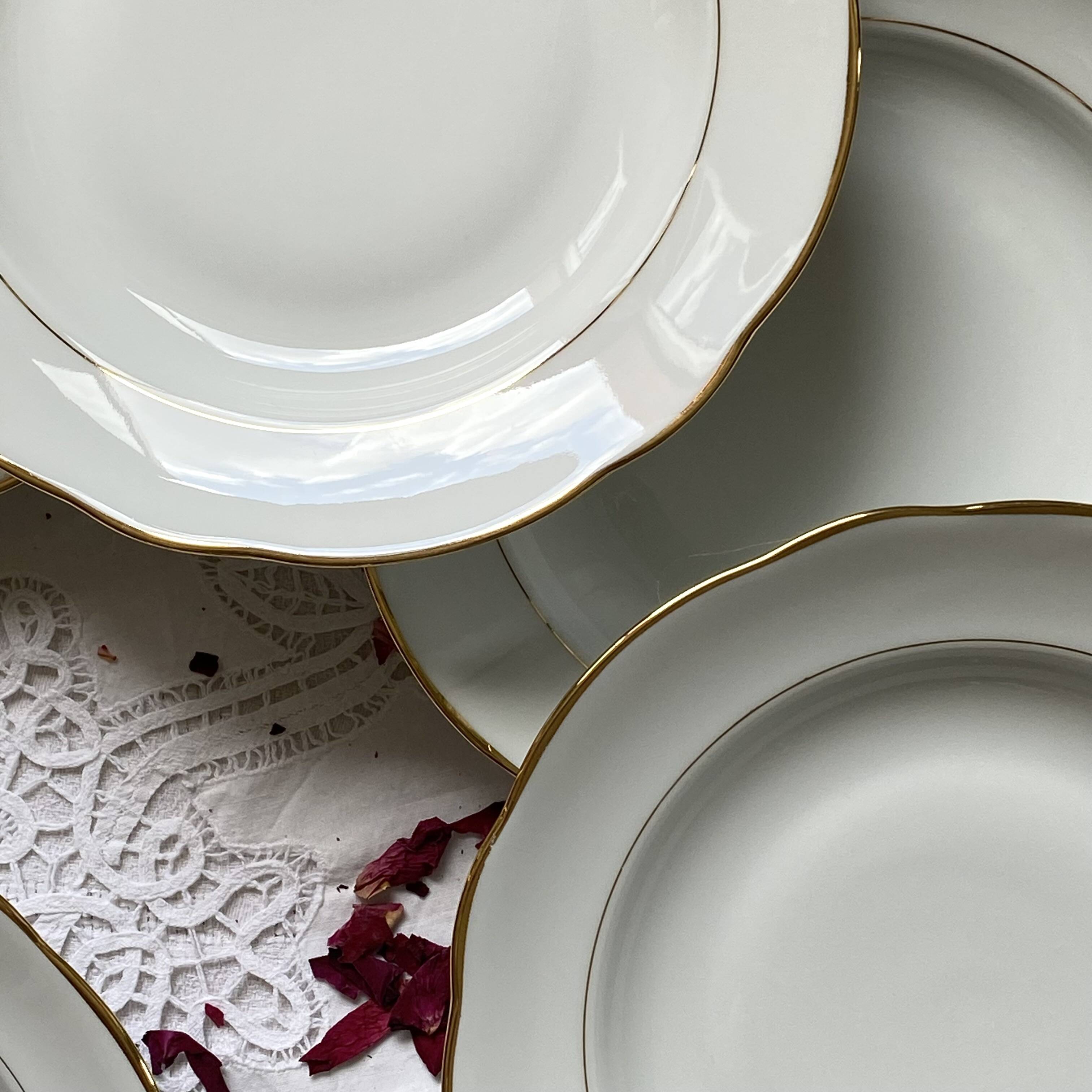 6 deep plates white porcelain with gold decoration Sologne Lamotte