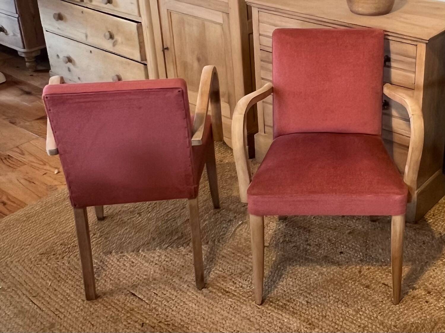 Pair of vintage bridge armchairs in solid raw wood and old pink