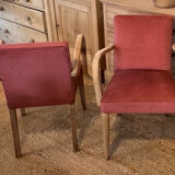 Paire de fauteuils bridge vintage en bois massif brut et vieux rose