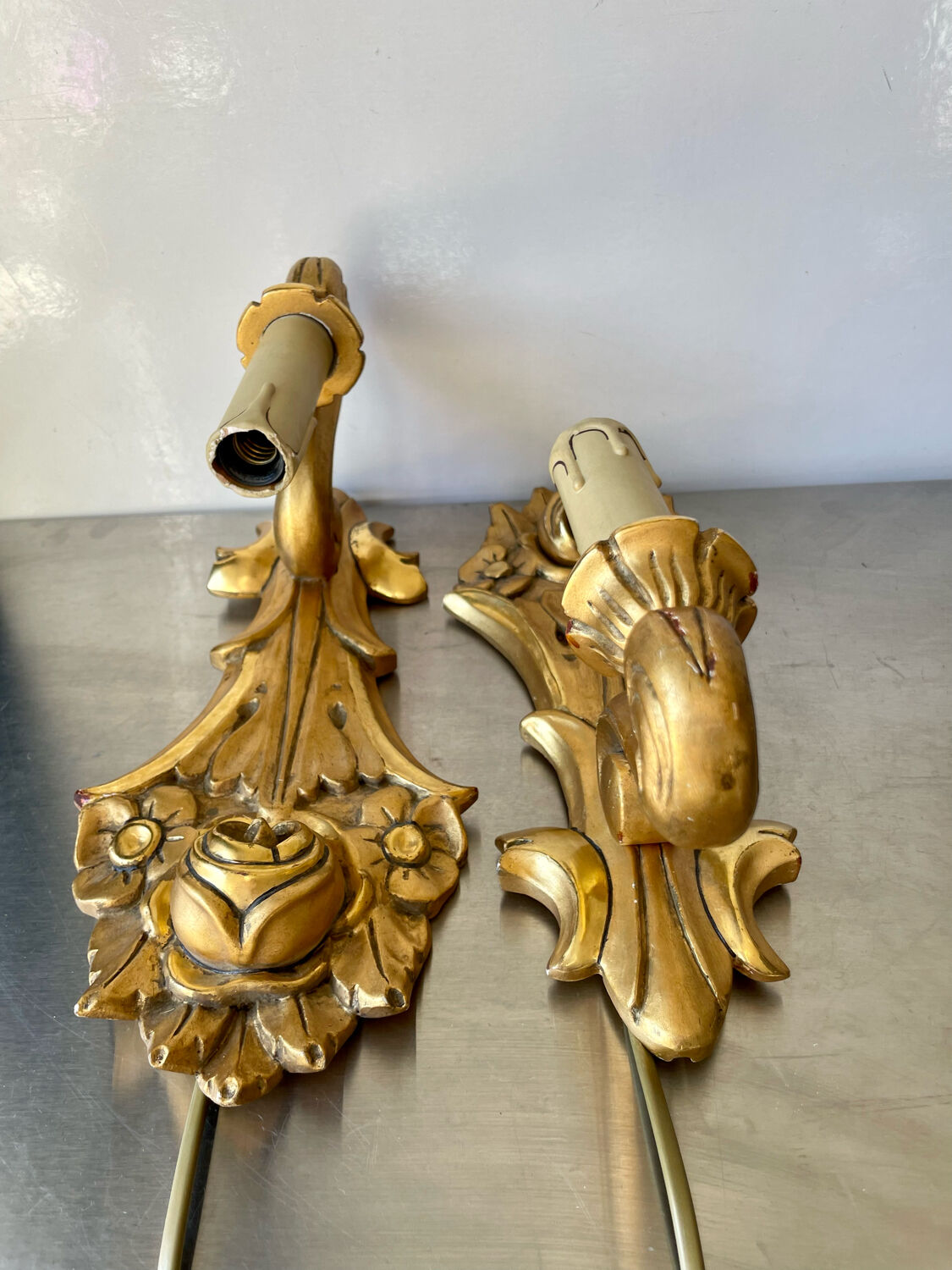 Pair of vintage gilded wood electric wall sconces
