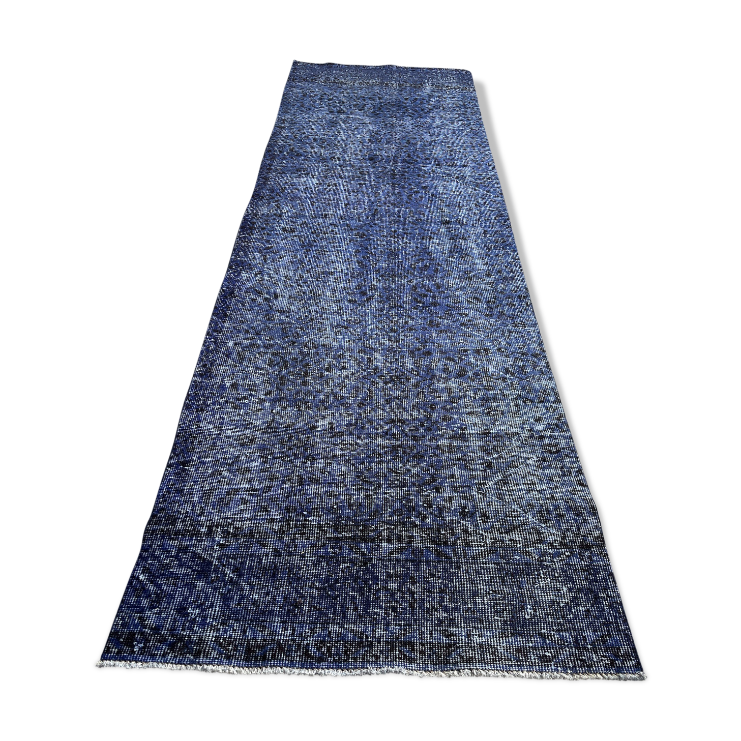 Distressed Turkish Narrow Runner 316 X 98 cm Wool Vintage rug, Over-dyed Navy Blue