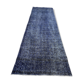 Distressed Turkish Narrow Runner 316 X 98 cm Wool Vintage rug, Over-dyed Navy Blue