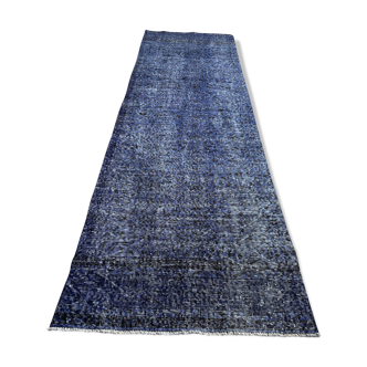 Distressed Turkish Narrow Runner 316 X 98 cm Wool Vintage rug, Over-dyed Navy Blue