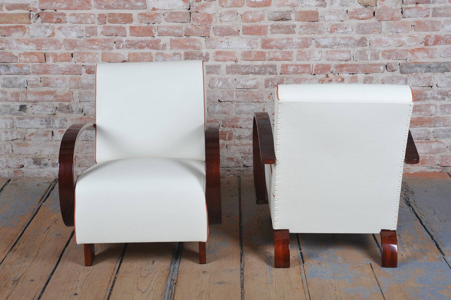 Art Deco Armchairs in Walnut and Leather, Czech, 1930s, Set of 2