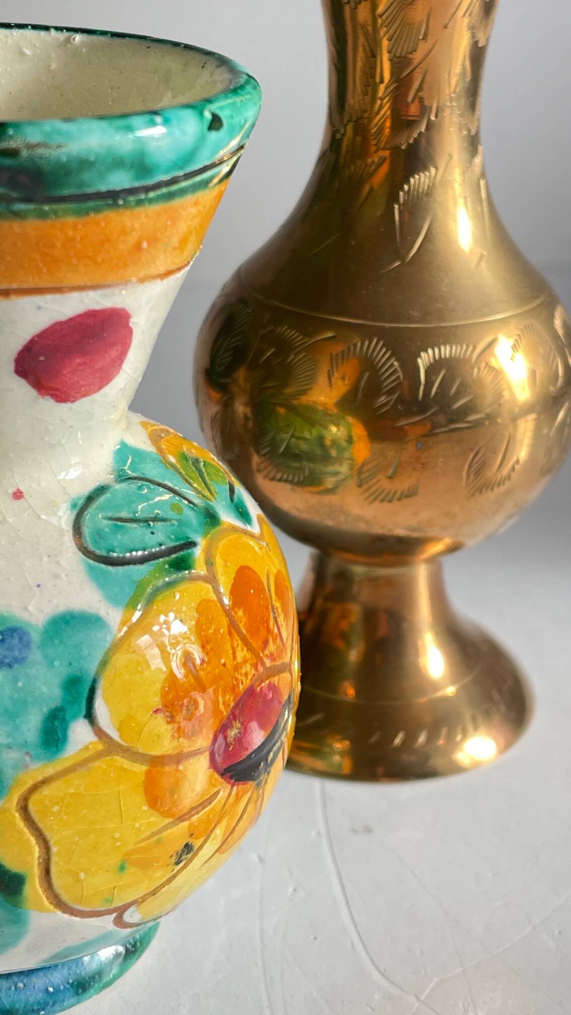 Vases céramique artisanale laiton ciselé vintage