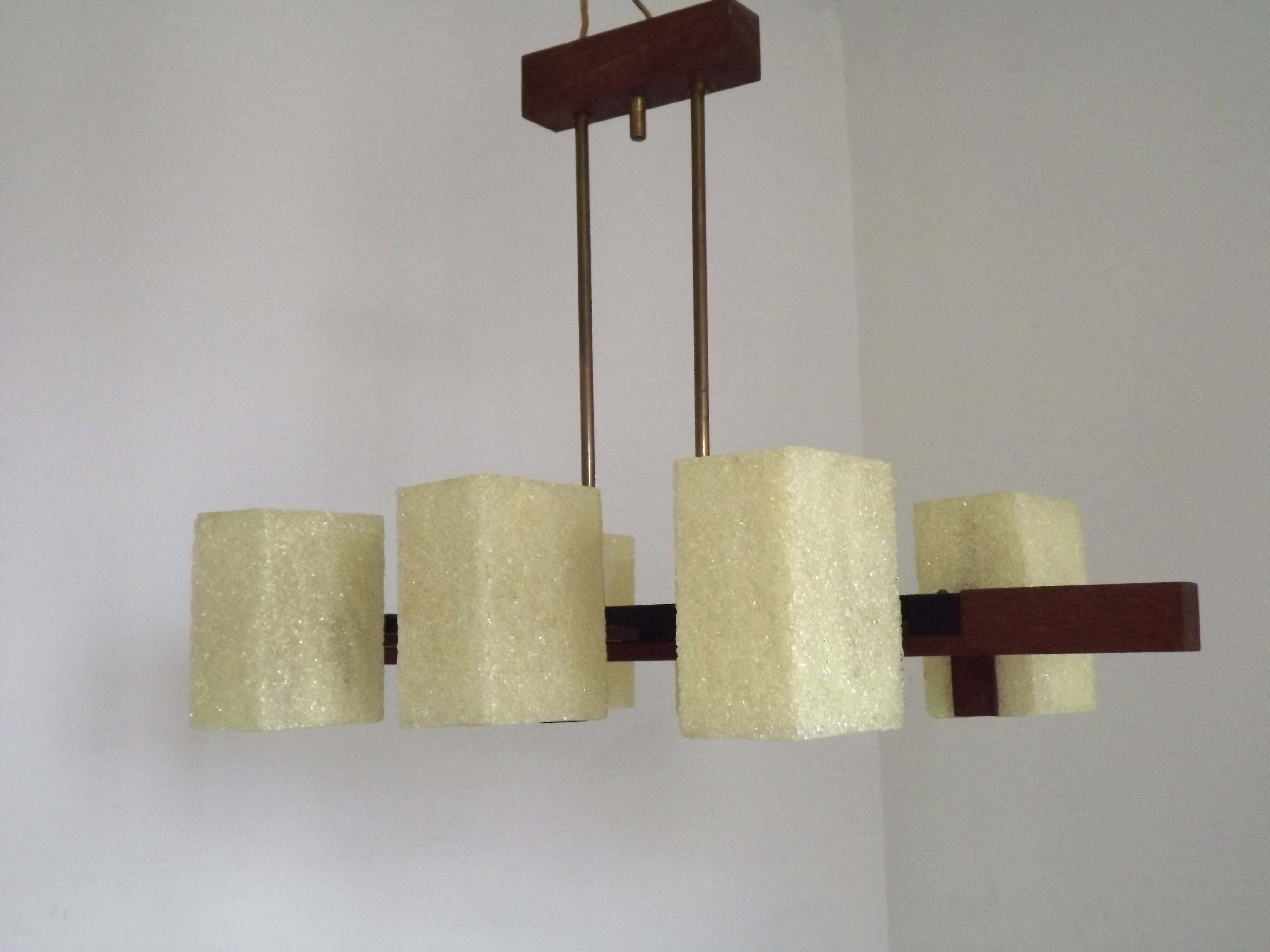 Vintage Retro Scandinavian Style 6 Light Teak Brass & Perspex Chandelier 4444