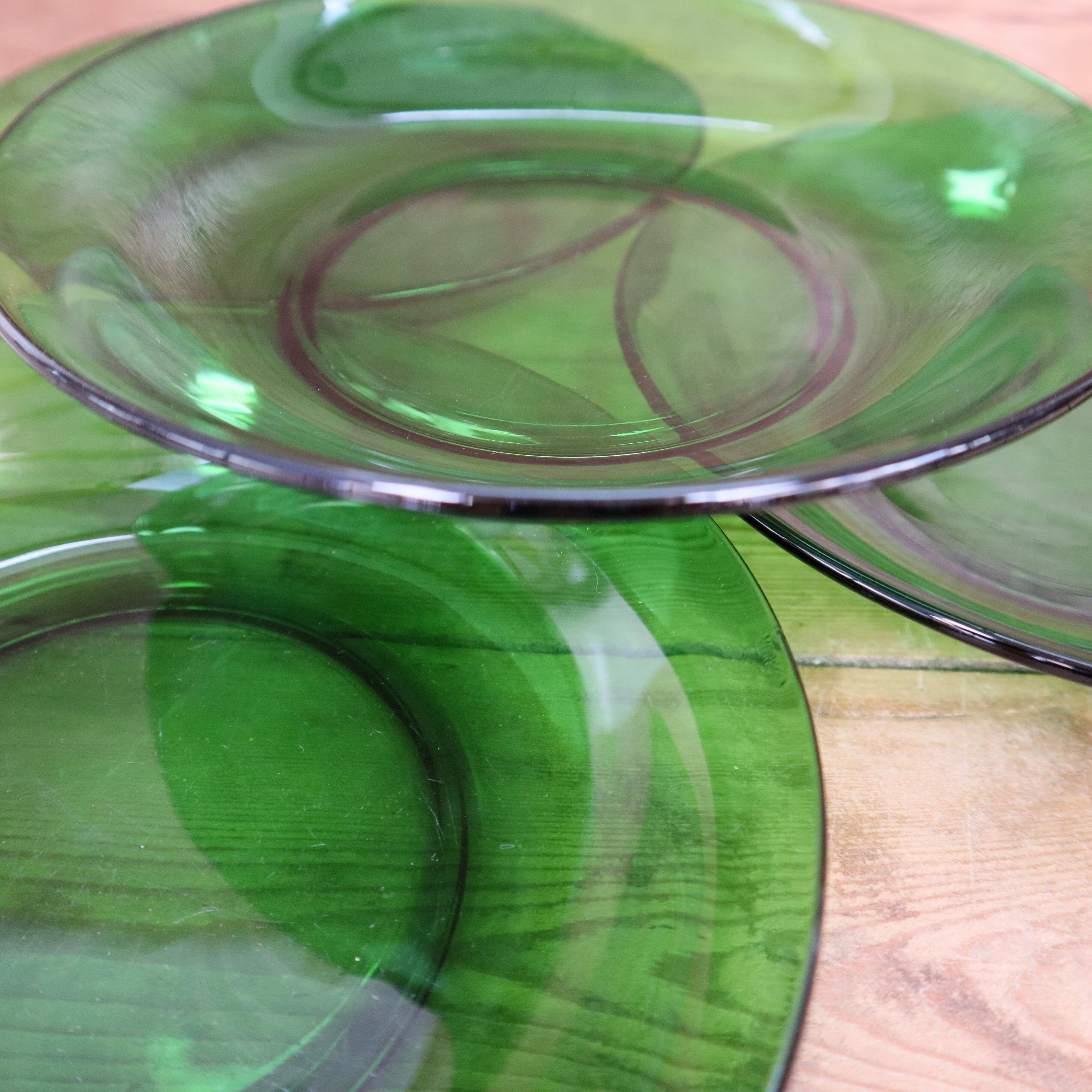 4 vintage green tempered glass soup plates Vereco France