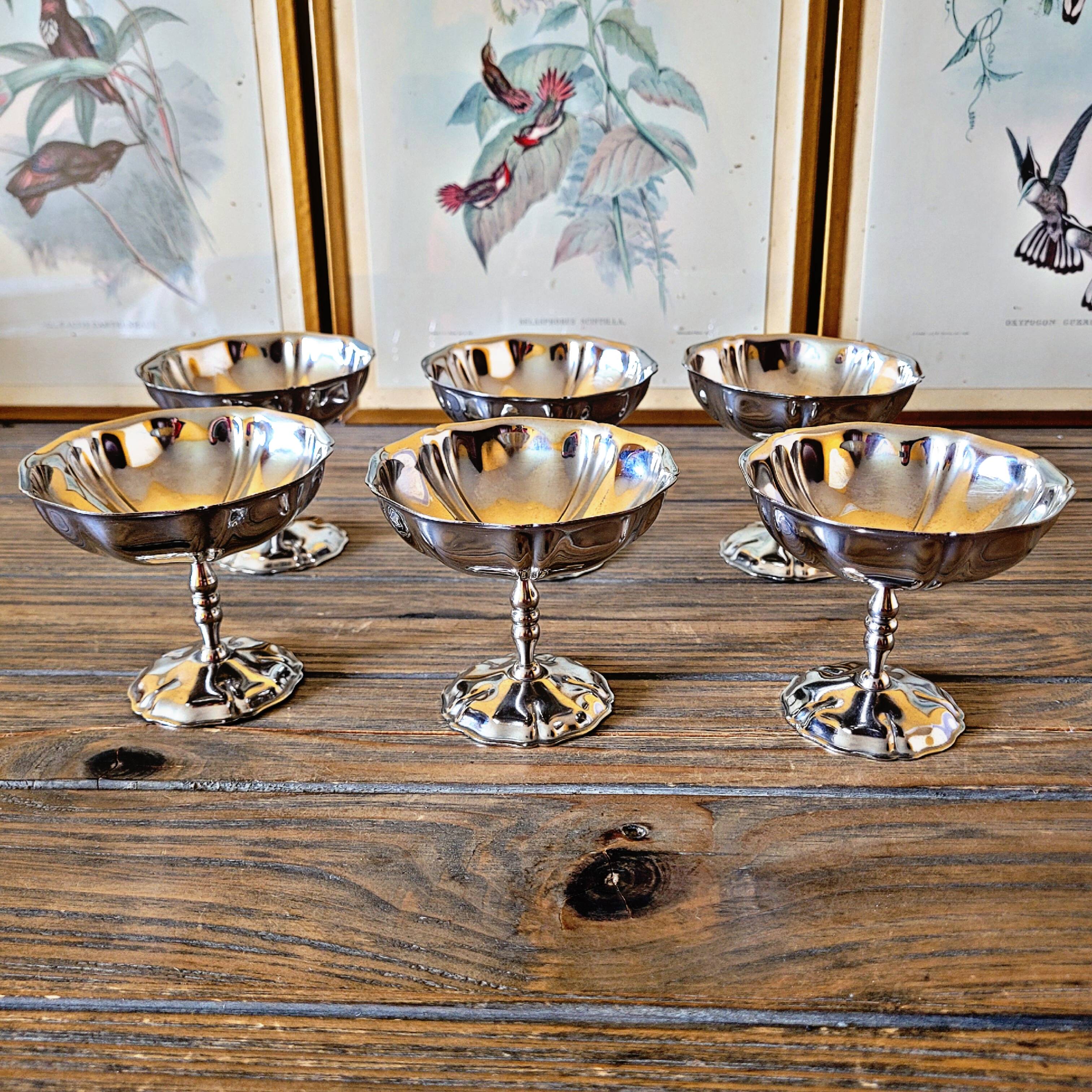 6 vintage stainless steel ice cream cups, flower-shaped